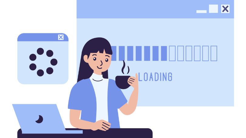 a woman having a coffee while waiting for website page to load a woman having a coffee while waiting for website page to load