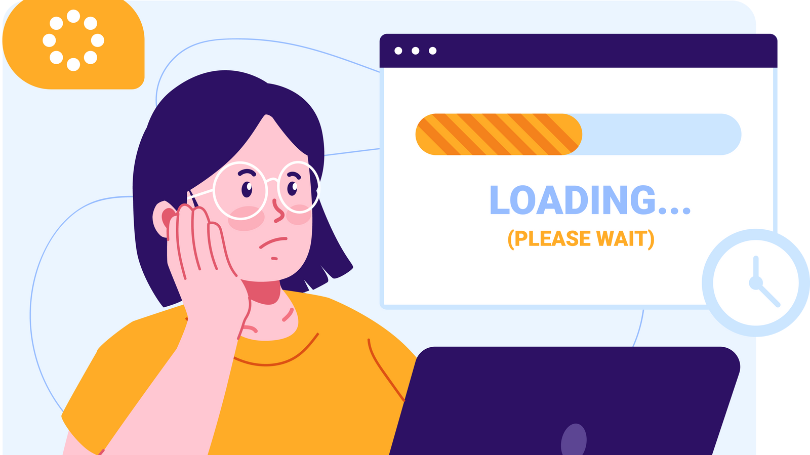 a woman waiting for a website page to load on her computer a woman waiting for a website page to load on her computer