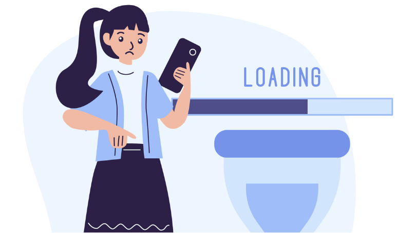woman having a problem on a website page slow loading time woman having a problem on a website page slow loading time