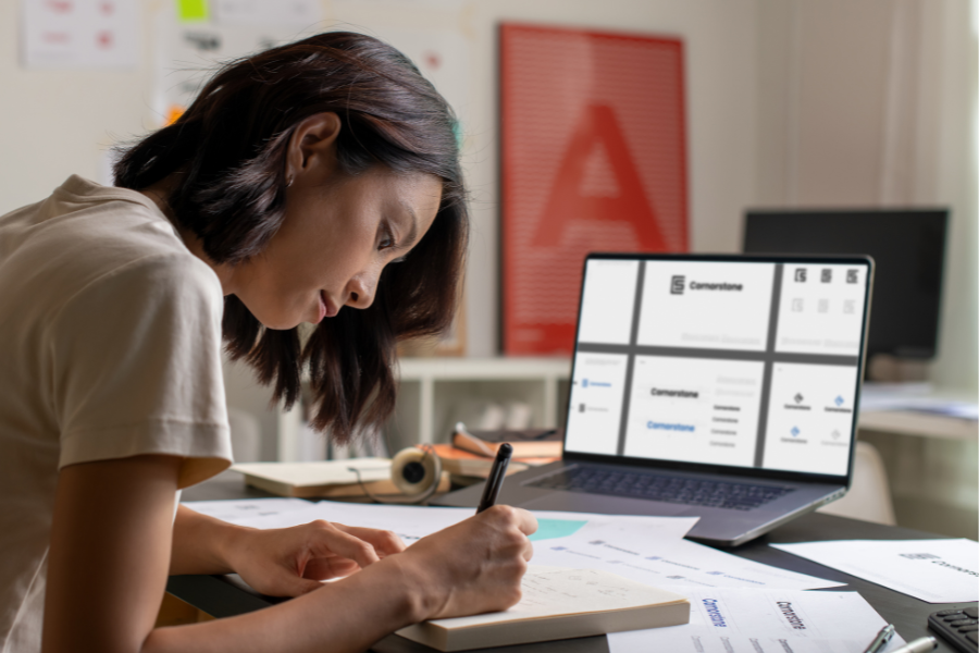 a woman writing a content plan for implementation a woman writing a content plan for implementation