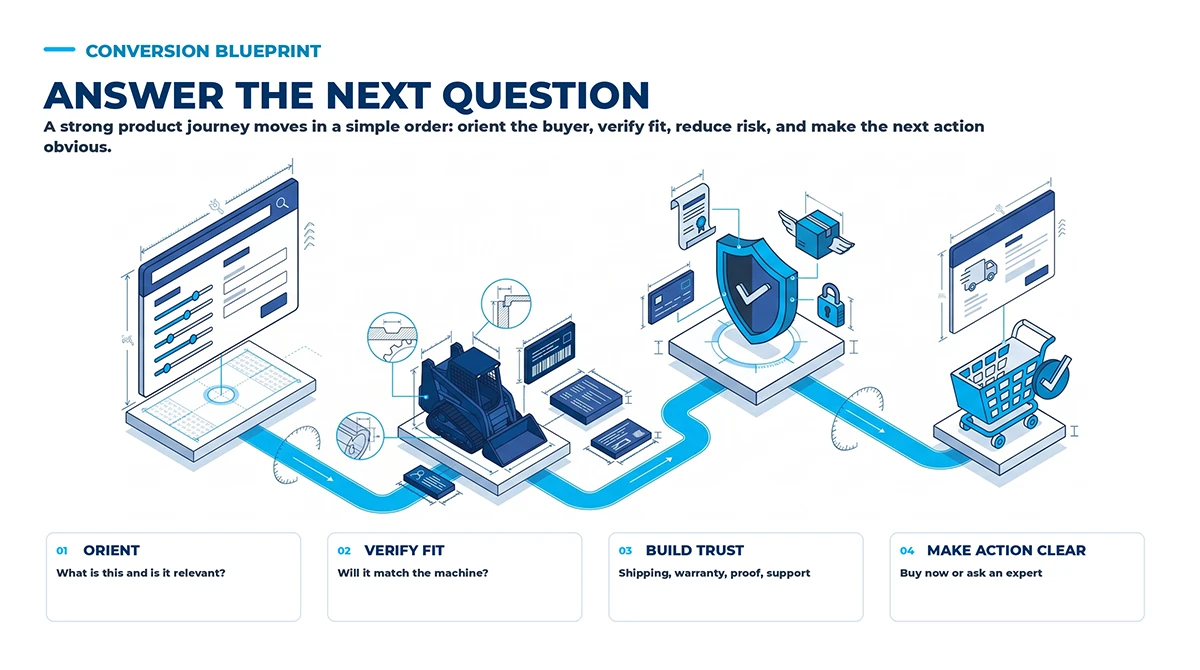 Isometric conversion journey illustration moving from product discovery to fitment verification, trust, and purchase