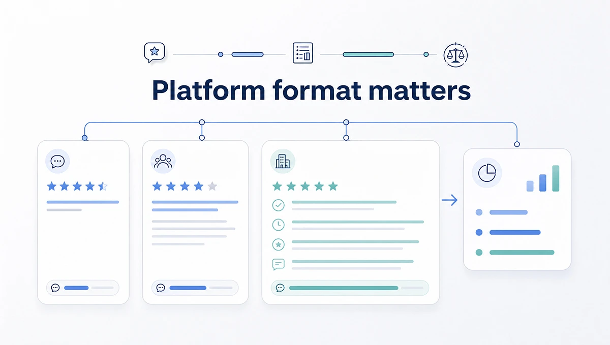 Research graphic comparing short and long review formats to show how platform structure affects review detail.