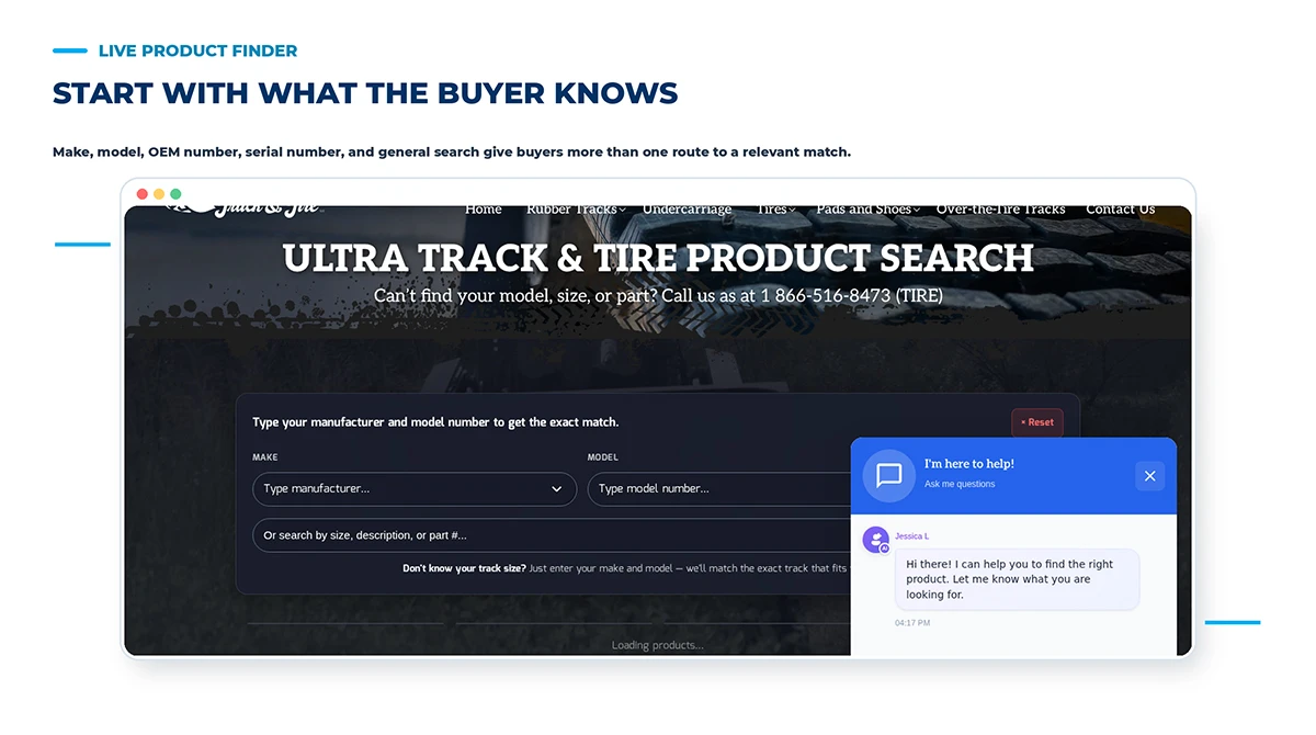 Focused live view of UltraTrack Product Finder with make, model, OEM number, serial number, and general search routes