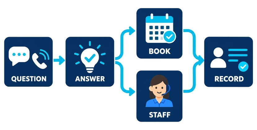 Flow from a customer question to an answer, confirmed booking or staff help, and a customer record