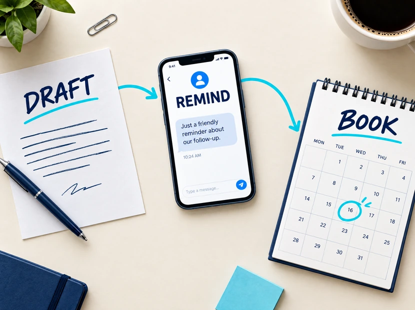 Desk view of a drafted response, follow-up reminder, and appointment booking