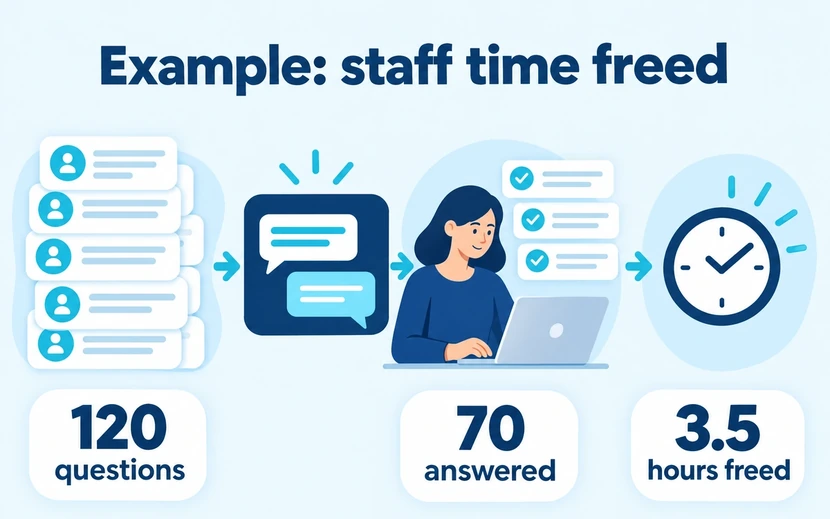 Example calculation: 120 questions, 70 answered, and 3.5 hours of staff time freed