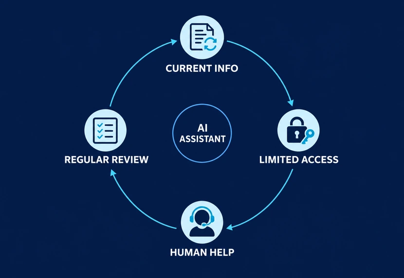 Circular trust-check process: current information, limited access, human help, and regular review