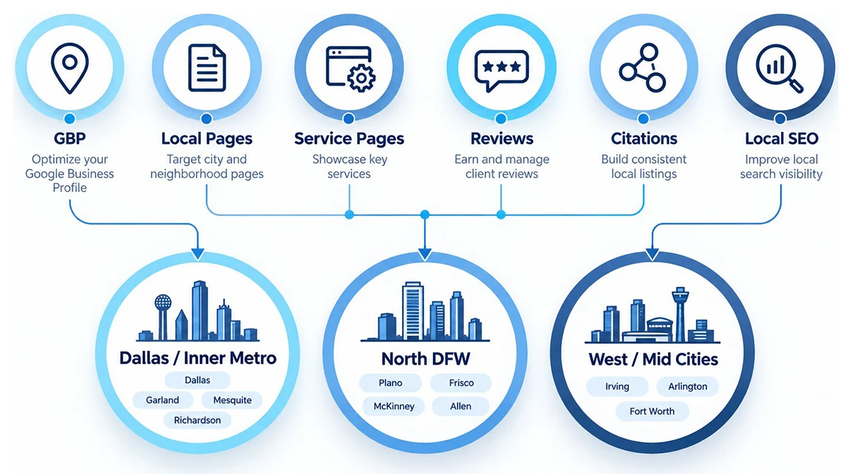 Dallas Fort Worth local search infographic showing local visibility signals and DFW market coverage.