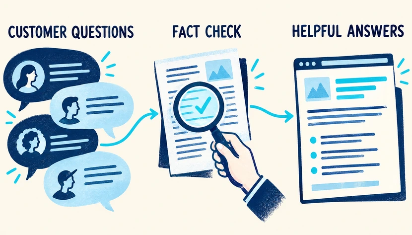 Customer questions pass through a human fact check before becoming helpful website answers