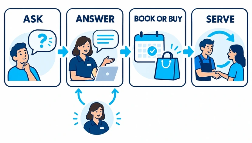 Customer journey from asking a question to receiving an answer, booking or buying, and getting service