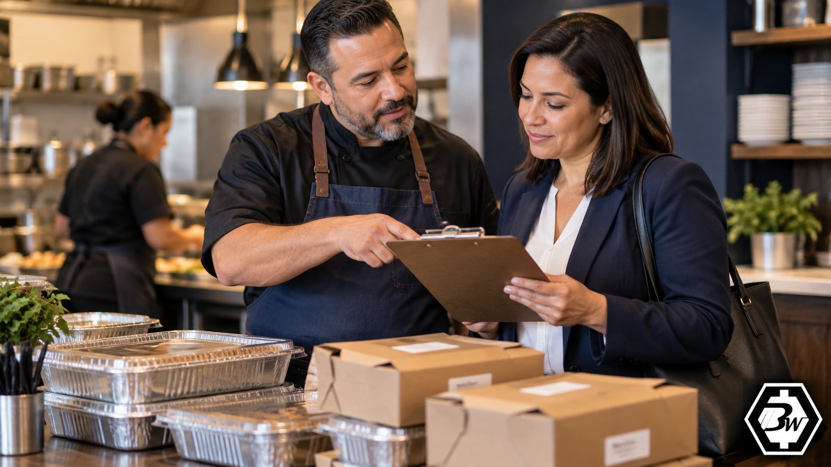 Restaurant manager and customer reviewing catering details beside prepared trays and unbranded food boxes.