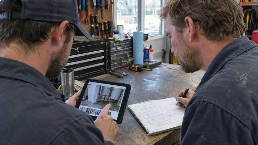 Two field-service workers comparing job photos on a tablet with handwritten notes