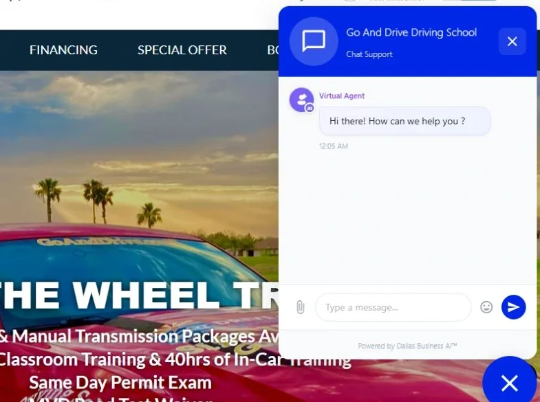 Go & Drive Driving School website chat greeting a visitor