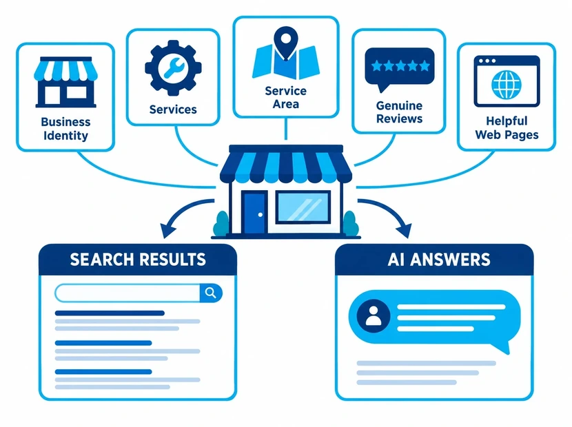 Business identity, services, area, reviews, and web pages connected to search results and AI answers
