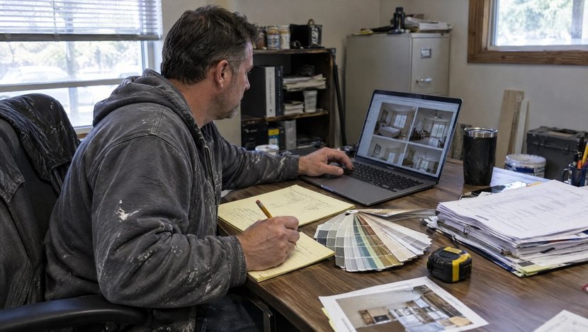 Painting contractor reviewing room photos and making estimate notes at a desk