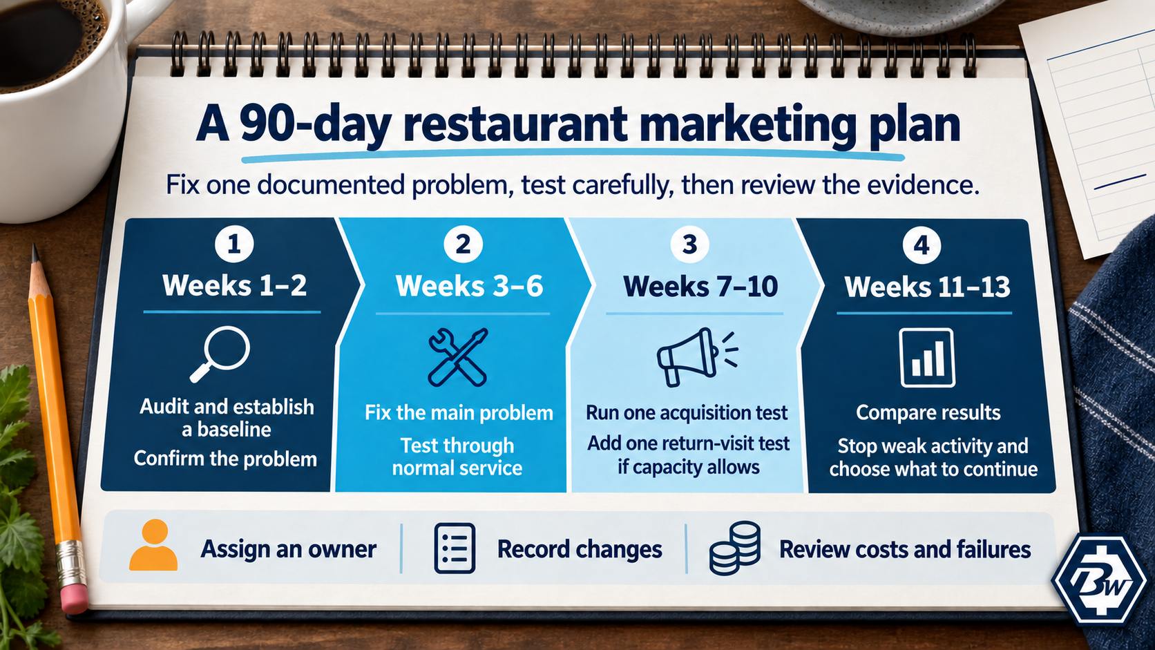 Four-part restaurant marketing plan covering an audit, the main fix, controlled acquisition and return-visit tests, and a final results review over 13 weeks.
