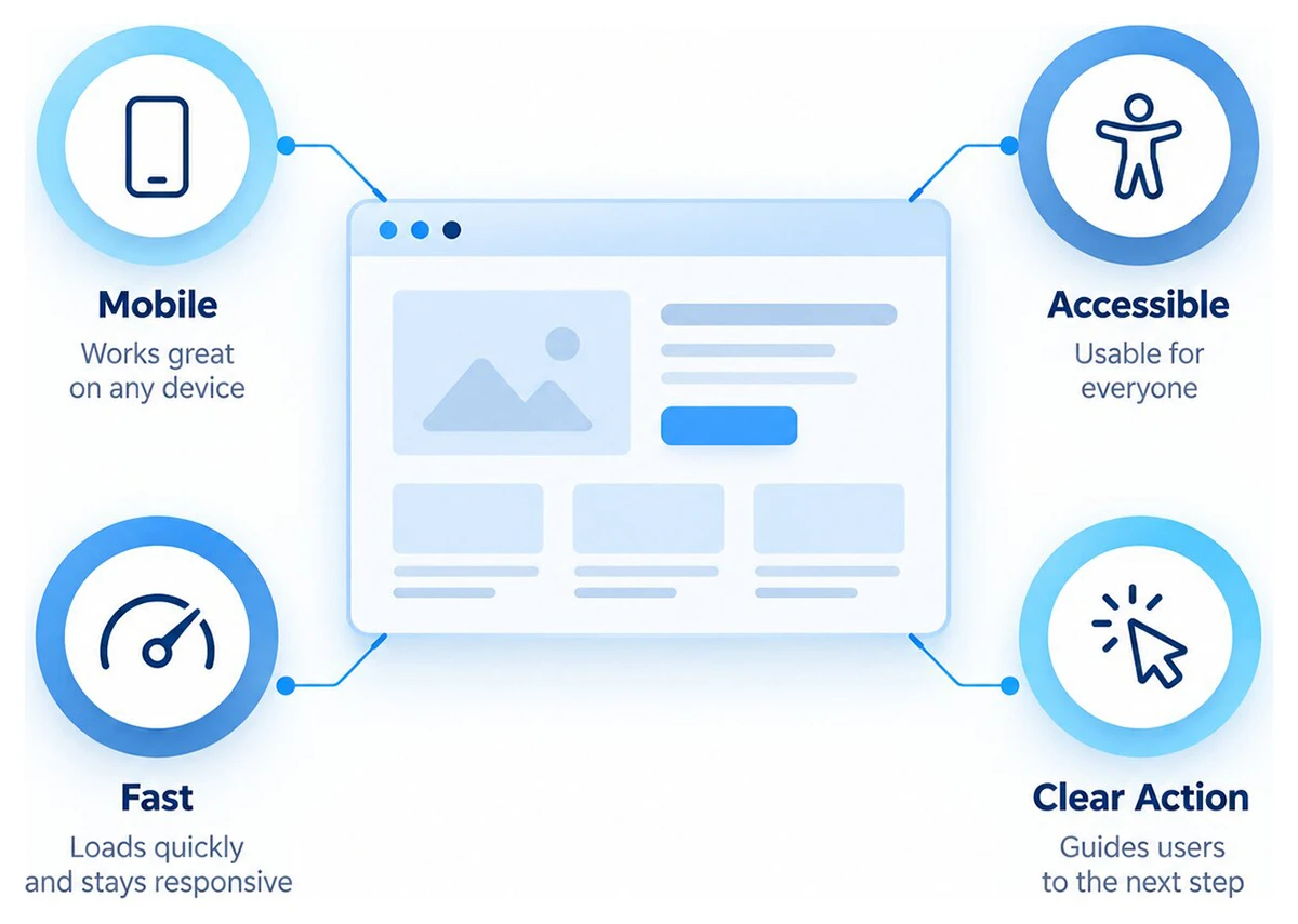 Website usability infographic showing mobile usability, accessibility, speed, and clear calls to action.
