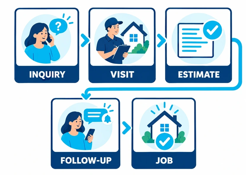 Two-row service workflow: inquiry, visit, estimate, follow-up, and completed job