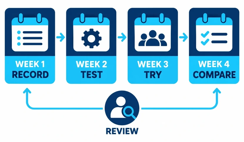 Four-week AI test plan: record, test, try with a small group, and compare results