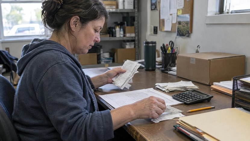 Small-business owner checking paper receipts beside a calculator and inventory records