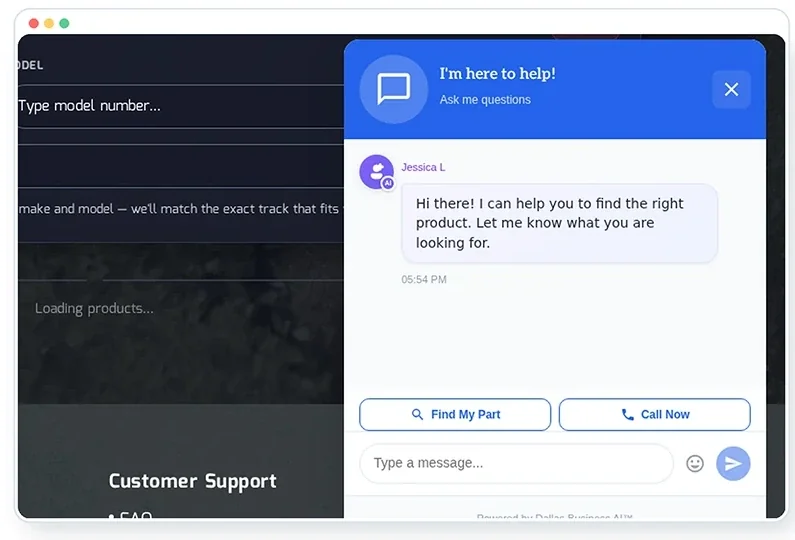 UltraTrack shopping chat offering help to find a part or call an expert